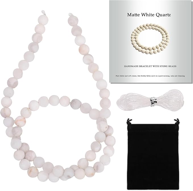 Stone Beads, 60pcs Matte White Quartz, 6mm Round Loose Beads for Jewelry Making, Bracelets, with Bag, String & Card