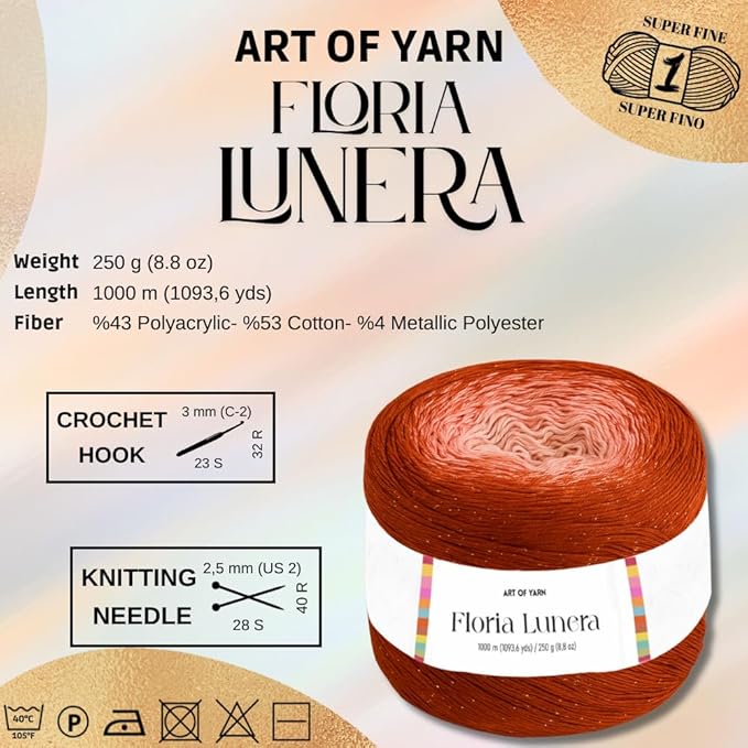 Floria Lunera Cotton Yarn 55% Cotton 45% Acrylic 250g 1093 Yards Multicolor Rainbow Crochet Yarn Handknit Cake Soft Variegated Yarn for Spring Summer Projects Blankets Scarves-93288