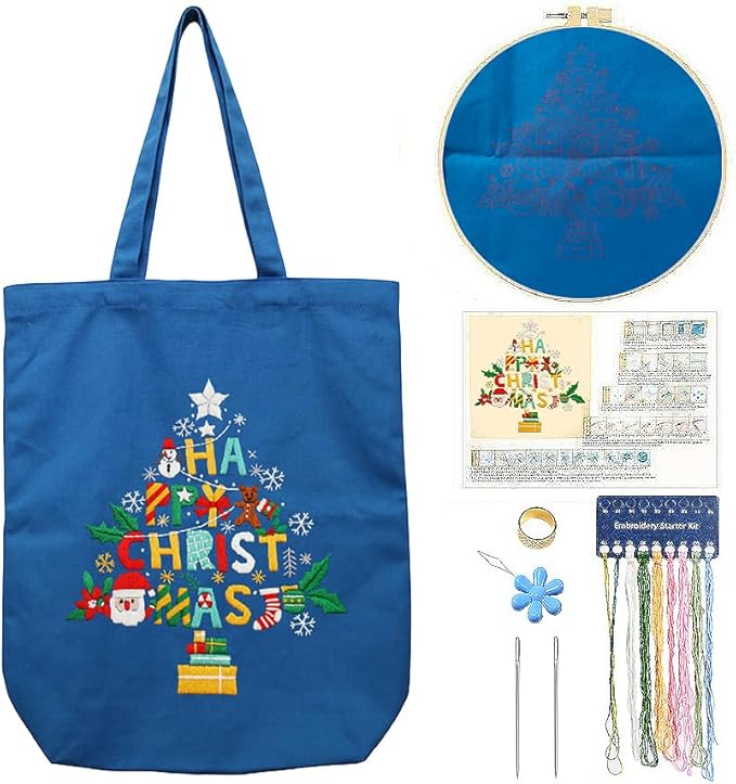CREAWONDER Canvas Tote Bag Embroidery Kit with Pattern for Beginners, Arts and DIY Embroidery Crafts Kits for Adults, Include Instructions, Thimble, Embroidery Hoops, Color Threads and Tool