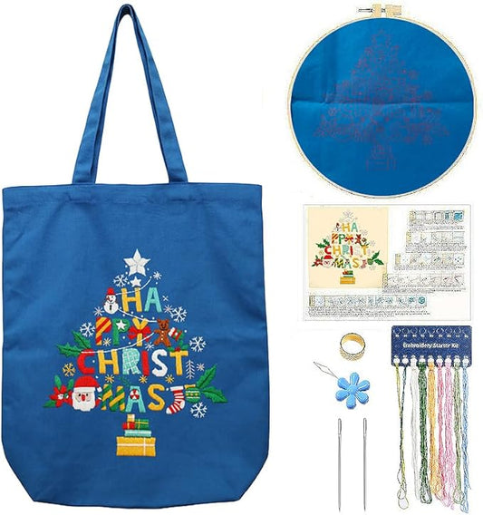 CREAWONDER Canvas Tote Bag Embroidery Kit with Pattern for Beginners, Arts and DIY Embroidery Crafts Kits for Adults, Include Instructions, Thimble, Embroidery Hoops, Color Threads and Tool