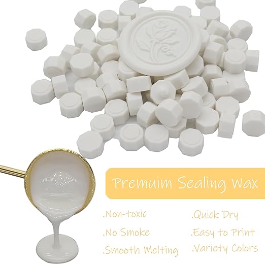 Wax Seal Beads Kit - 300pcs Ivory White Sealing Wax Beads with Wood Melting Warmer, Spoon & 10 Mini Candles for Stamp Seals, Wedding Invitation, Envelope, Cards, Gift Wrapping Decorations