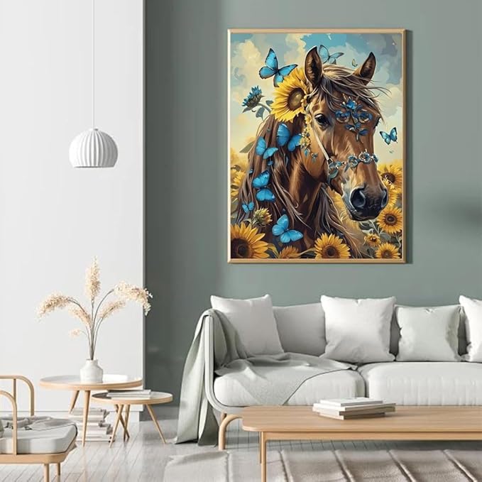 askkqtx Horse Diamond Art Kits for Adults, Butterfly Sunflowers Diamond Painting Kits for Beginnners, DIY 5D Full Drill Crystal Rhinestone Gem Art Craft Kits for Home Wall Decor 12X16 Inch