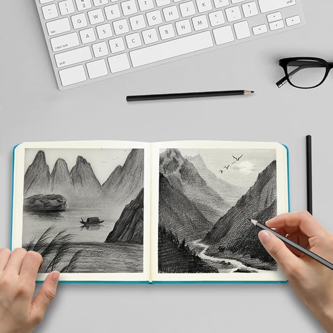 Square 5x5 inches 80gsm 96sheets/192 Pages Notebooks Blank Sketchbooks Travel Journal Pocket Hardcover Paint Writing Diary Memo Planner PU Leather Cover. Lake Blue