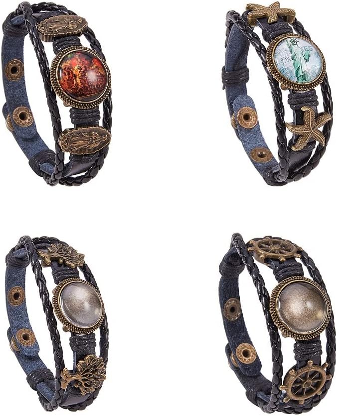 SUNNYCLUE DIY 4 Sets Braided Leather Bracelet Making Kit Multilayer Rope Bangle Cuff Wristband with Blank Alloy Cabochon Bezel Tray, Clear Glass Cabochon 18mm, Button Adjust, Mixed Shapes