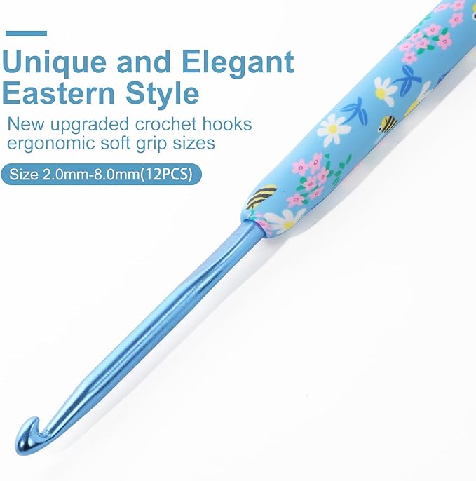 Looen Crochet Hooks Set, 12 Sizes 2.0mm(B)-8.0mm(N) Ergonomic Handle for Arthritic Hands, Soft Rubber Grip Knitting Needles Kit for Crochet Beginners, Knitting Enthusiasts (Sky Blue)