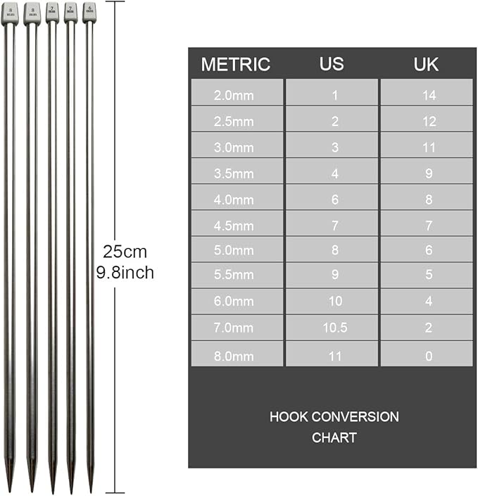 KOKNIT 11 Pairs Knitting Needle Set, 10'' Length Stainless Steel Single Pointed Sweater Staight Needle Kit in Different Sizes, Great for Weaving or Knitting
