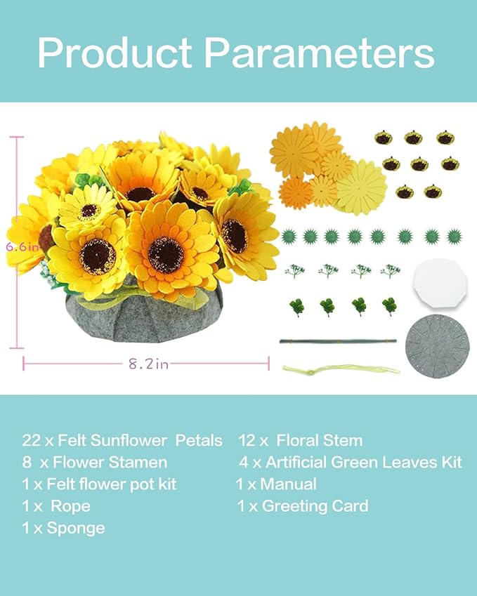 BAZIMA ALICE DIY Felt Flower Art Craft Kit, Sunflower Pot Bonsai Kit for Beginners, Floral Gifts, Arrange Pre-Cut Flowers and Foliage