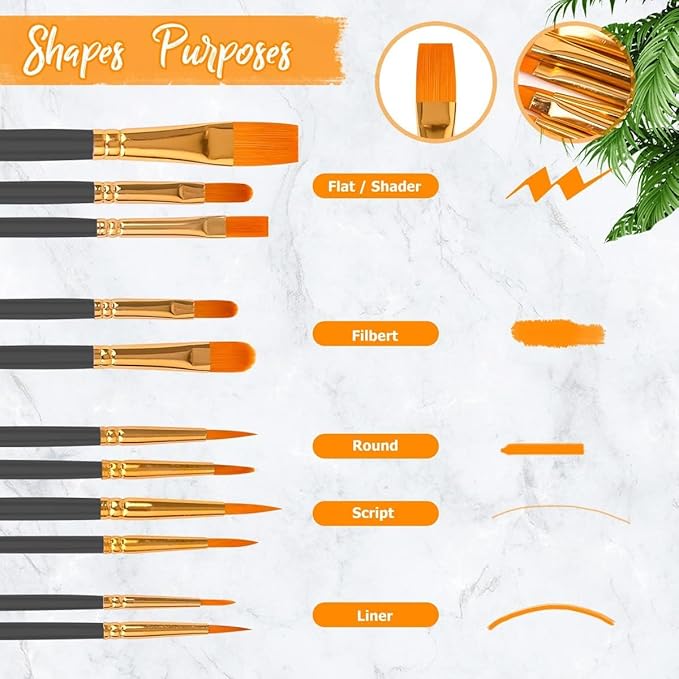 Soucolor Acrylic Paint Brushes Set, 10-Pack Round Pointed Tip Artist Paintbrushes for Acrylic Painting Oil Watercolor Canvas Boards Rock Body Face Nail Art,Black