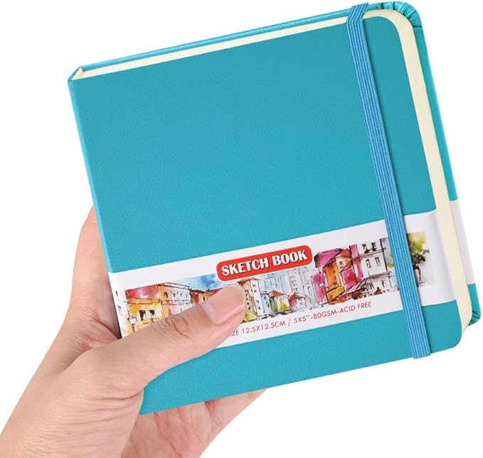 Square 5x5 inches 80gsm 96sheets/192 Pages Notebooks Blank Sketchbooks Travel Journal Pocket Hardcover Paint Writing Diary Memo Planner PU Leather Cover. Lake Blue
