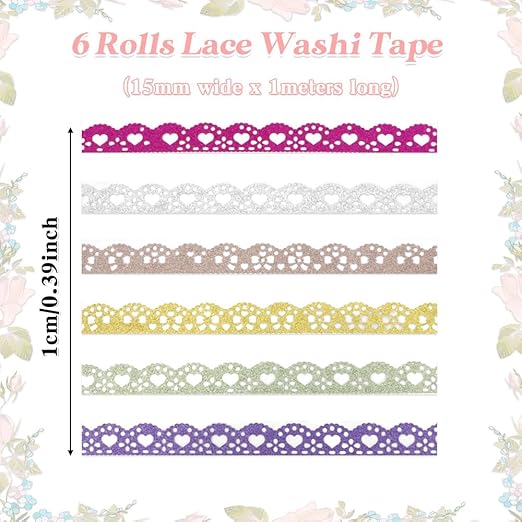 Washi Tape Set 6 Rolls Lace Washi Tape Self-Adhesive Lace Pattern Tape Cute Scrapbook Paper Tape Decorative Tape for Scrapbook Journal DIY Craft Scrapbooking Journal Supplies Gift Wrapping