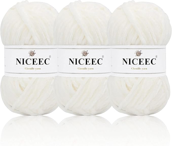 NICEEC 3 Skeins Soft Chenille Yarn Blanket Yarn for Knitting Fancy Yarn for Crochet Weaving DIY Craft Total Length 3×85m (3×93yds, 3×50g)_Cream White