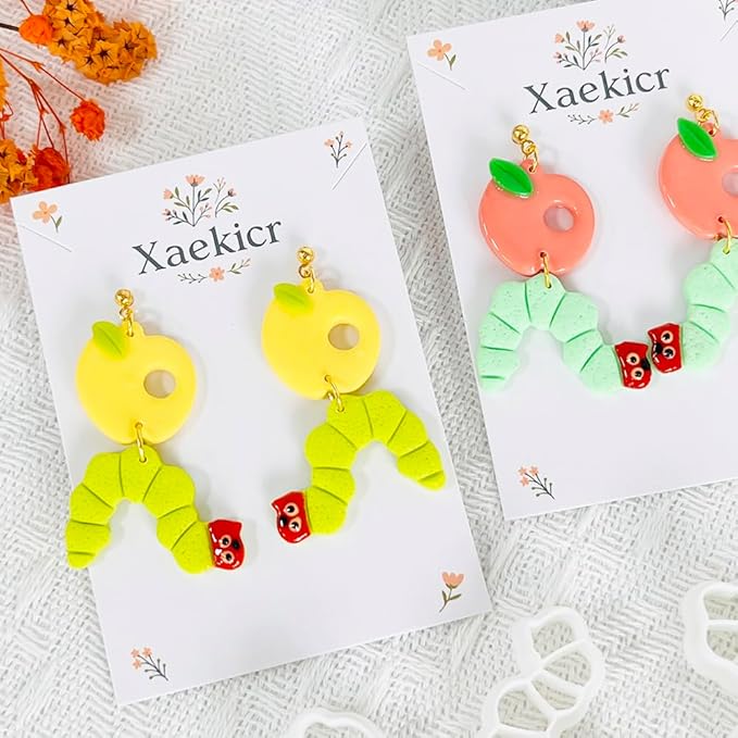 Xaekicr Whimsical Worm and Apple Polymer Clay Cutters – 3PCS Clay Earring Cutters Set for DIY Fruit Insect Jewelry Making – Clay Tools and Polymer Clay Molds