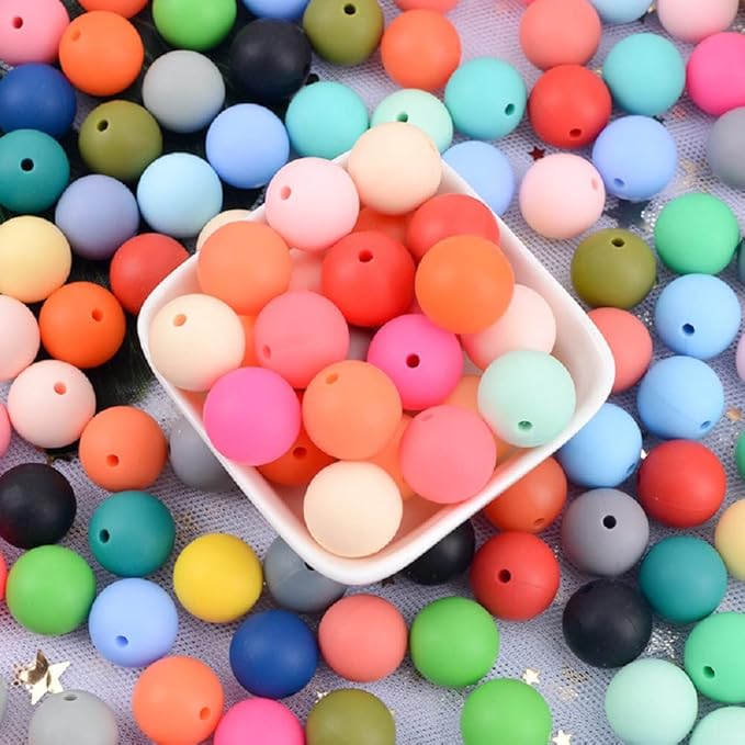 60Pcs 15mm Round Rubber Silicone Bead Bulk Loose Beads Gorgeous Making Kit for Keychain Tassels Necklace Bracelet Jewelry DIY Crafts Making