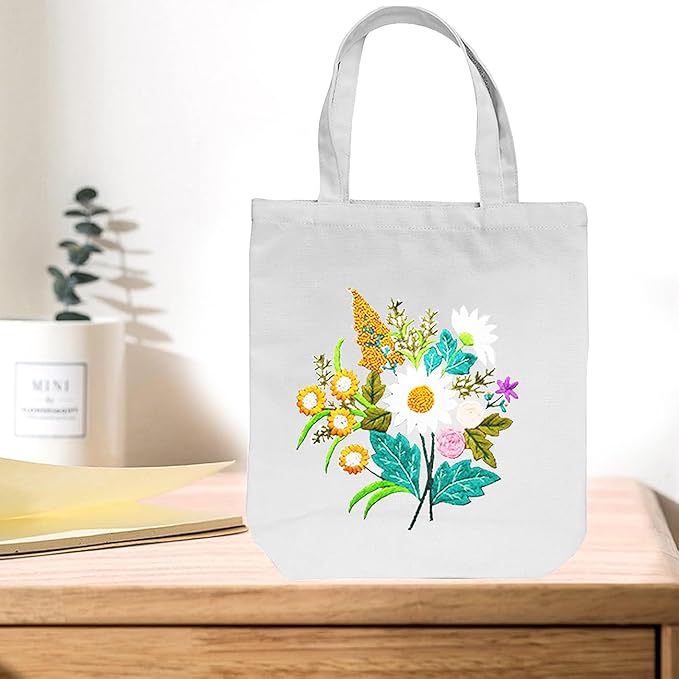 CREAWONDER Canvas Tote Bag Embroidery Kit with Pattern for Beginners, Arts and DIY Embroidery Crafts Kits for Adults, Include Instructions, Thimble, Embroidery Hoops, Color Threads and Tool