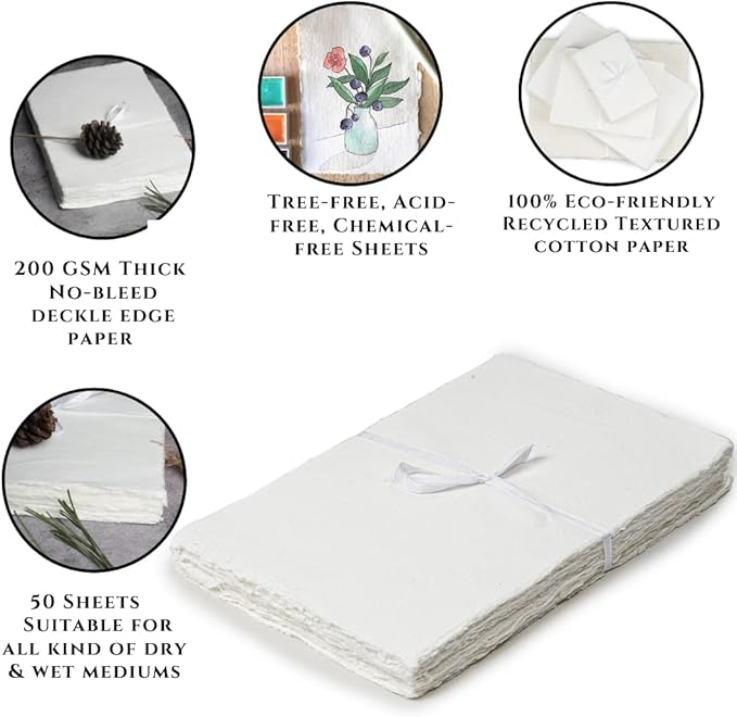 50 Sheets - Rough/Textured Watercolor Paper - 6 X 4 inches(150GSM) - Handmade/Deckle Edge Paper Made from Virgin Egyptian Cotton - Off-White by Leather Village