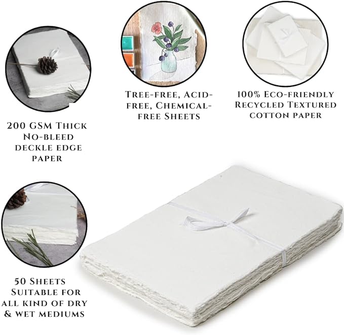 50 Sheets - Rough/Textured Watercolor Paper - 9.5 X 12.5 inches(150GSM) - Handmade/Deckle Edge Paper Made from Virgin Egyptian Cotton - Off-White by Leather Village