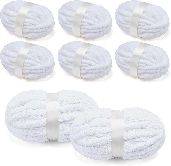 Chunky Chenille Yarn for Crocheting/Arm Knitting, Super Soft Jumbo Knit Blanket Yarn White 8 Pack (32 yds, 8.5 oz Each Pack)