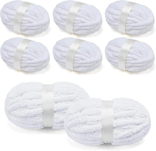 Chunky Chenille Yarn for Crocheting/Arm Knitting, Super Soft Jumbo Knit Blanket Yarn White 8 Pack (32 yds, 8.5 oz Each Pack)