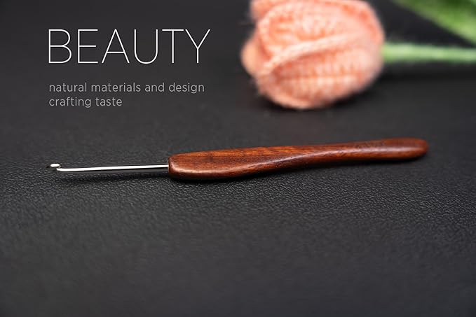 SEVENSUN Mimosa 3mm Single Crochet Hook, Available in 0.6mm-6.5mm, Ergonomic Hand Polished Stainless Steel Inline Pointy Wood Handle Crochet Hook for Arthritic Hands, Mother's Day Gifts for Mom