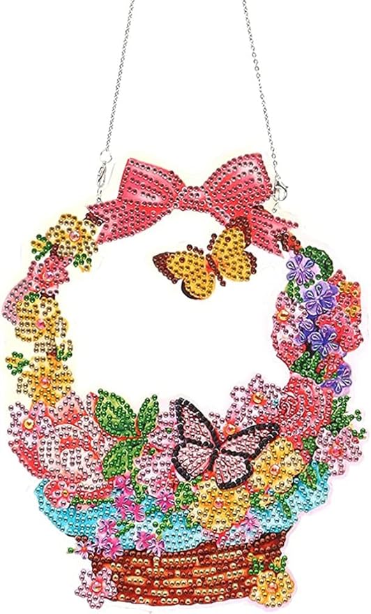 YEESAM ART DIY 5D Rhinestone Painting Christmas Decorations Hanging Kit, Butterfly Flowers Basket 19x23cm Rhinestone Art for Wall Door Window Decorations Hanging Mosaic Crafts Ornaments