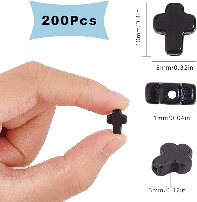 SUNNYCLUE 1 Box 200Pcs Cross Beads Small Black Synthetic Turquoise Stone Easter Holiday Mini Tiny Cross Charms Crucifix Charm Pocket Crucifix in Bulk Loose Spacer Beads for Jewelry Making Kits