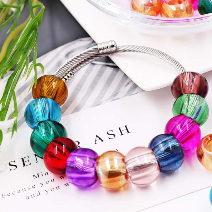 AIPRIDY 100Pcs 15x11mm Painting Murano Large Hole Glass Beads Mix Color with Silver Brass Cores European Charm fit Bracelet Necklace (No Core Lampwork Beads)