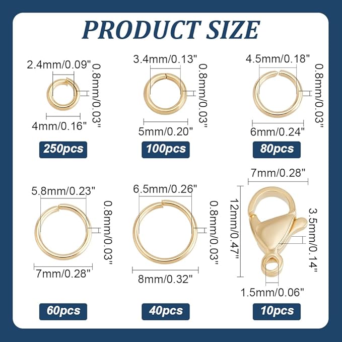 PH PandaHall 24K Gold Plated Jewelry Clasps Kit, 530pcs 4/5/6/7/8mm Open Jump Rings with 10pcs 12x7mm Lobster Claw Clasps 304 Stainless Steel Jewelry Findings for Keychain Pendants Jewelry Making