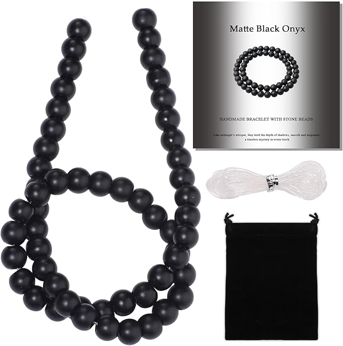 Stone Beads, 45pcs Matte Black Onyx, 8mm Round Loose Beads for Jewelry Making, Bracelets, with Bag, String & Card
