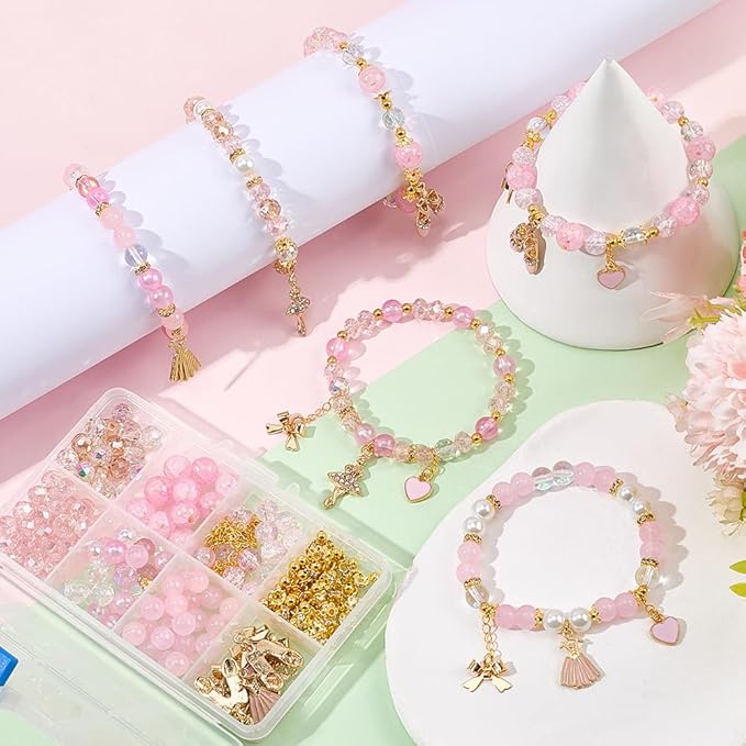 SUNNYCLUE 1 Box DIY 6 Sets Valentine's Day Glass Bead Bracelet Kit Dancer Charms Enamel Pink Heart Rhinestone Dance Dress Shoes Gold Bowknot Charms for Jewelry Making Kits Beginner Wedding Supply