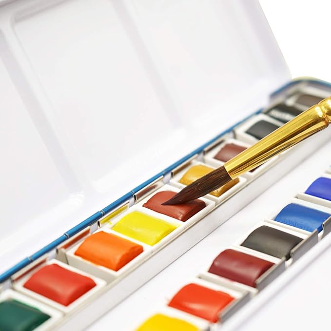 PHOENIX Artist Watercolor Paint Set - Half Pan 24 Colors Quality Pigment Watercolor Palette with Portable Tin Box for Adults, Professional Artists
