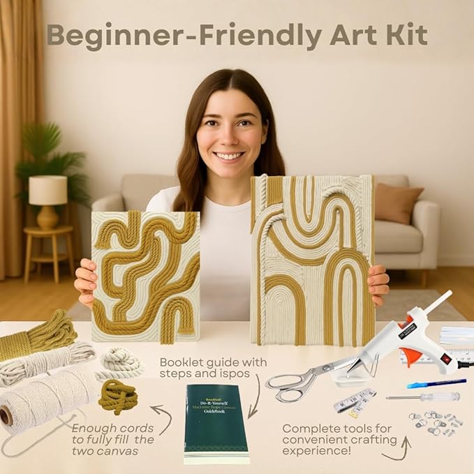 DIY Rope Canvas Kit for Beginners - Complete Macrame Ropes Supplies & Tools | DIY Macrame Art Wall Hanging Decor Starter Set, Craft Kits for Adults, Boho Wall Art Aesthetic Home Decoration (Khaki)