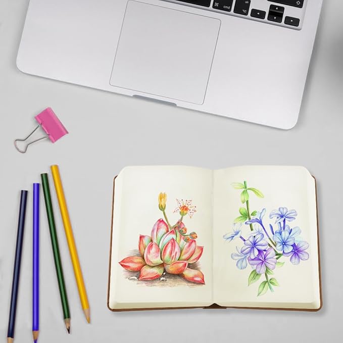 Mifuner Small Rectangle 3.5x5.5 200 Sheets 105gsm Mini Notebooks Blank Pages Sketchbooks Pocket Paint Writing Diary Memo PU Leather Cover Brown