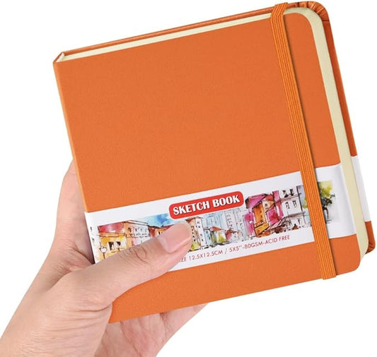 Square 5x5 inches 80gsm 96sheets/192 Pages Notebooks Blank Sketchbooks Travel Journal Pocket Hardcover Paint Writing Diary Memo Planner PU Leather Cover. Orange