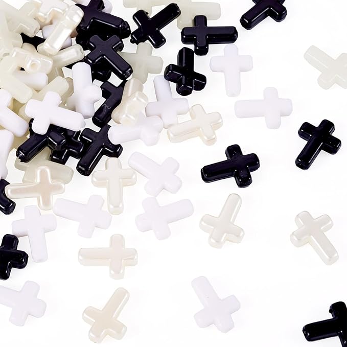 FASHEWELRY 100Pcs Black White Acrylic Cross Beads - Cute Mini Crucifix Loose Rosary Spacer for Easter, DIY Bracelet, Necklace, Jewelry Making, Earring