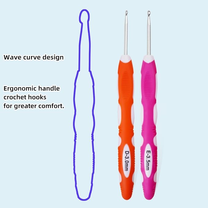 3mm 3.5mm Crochet Hook, Smooth Metal Head and Soft Rubber Grip Extra Long Ergonomic Crochet Hooks for Arthritic Hands, Beginners and Crochet Enthusiast