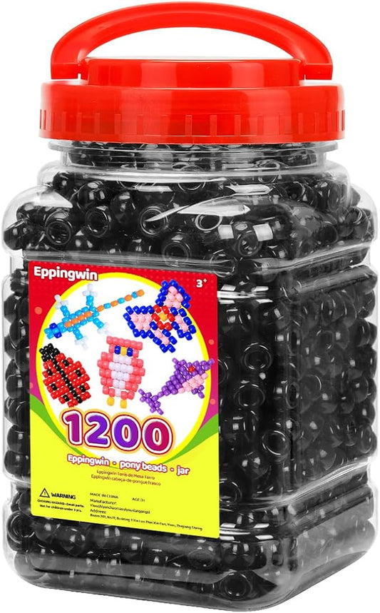 eppingwin 1200pcs pony beads for bracelets,6x9mm kandi beads for hair braids, easy storage pony bead for jewelry making (black)