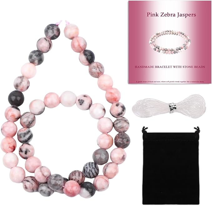 Stone Beads, 45pcs Pink Zebra Jaspers, 8mm Round Loose Beads for Jewelry Making, Bracelets, with Bag, String & Card