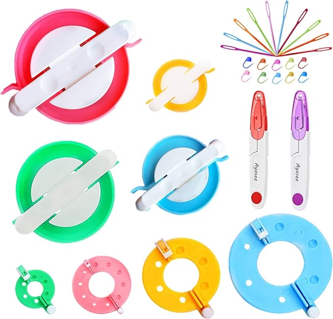 Pompom Maker Kits, Pom pom Knitting Loom Kit Fluff Ball Weaver Needle Craft DIY Knitting Crochet Craft Tool Kit, 8PS Pompom Maker+10PS Knitting Markers+10PS Needles+2PS Scissors (30)