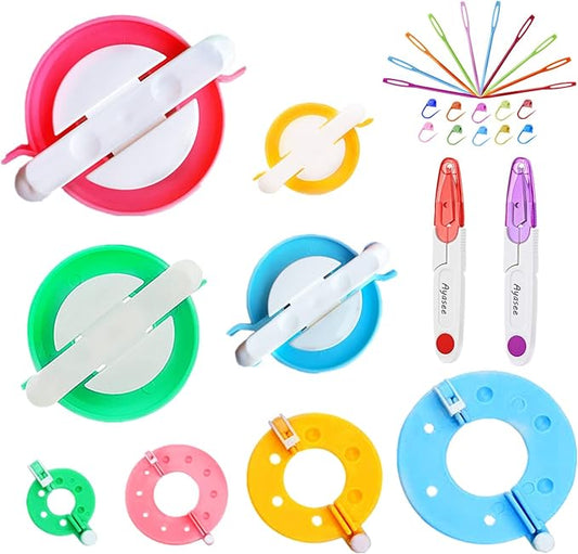 Pompom Maker Kits, Pom pom Knitting Loom Kit Fluff Ball Weaver Needle Craft DIY Knitting Crochet Craft Tool Kit, 8PS Pompom Maker+10PS Knitting Markers+10PS Needles+2PS Scissors (30)