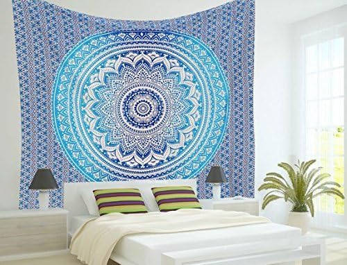 popular handicrafts tapestry wall hanging hippie ombre mandala bohemian hippy intricate indian tapestries bedspread 54 x 82 inches (140cm x 210cm) blue