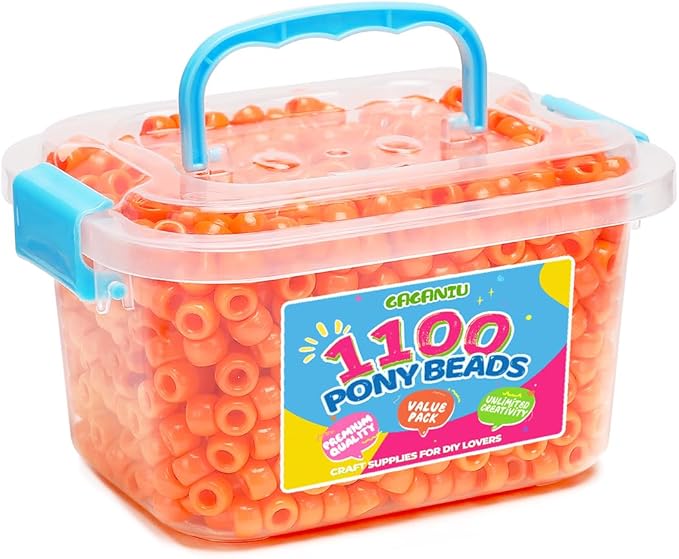gaganiu pony beads 1100+ pcs – orange plastic kandi beads in jar for bracelets, hair braids, jewelry making & diy crafts