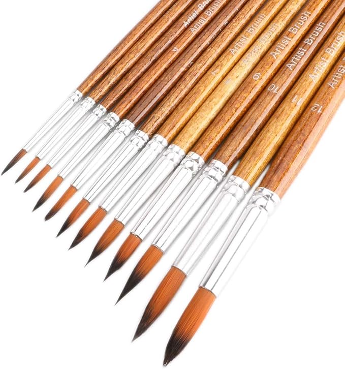Artist Watercolor Paint Brushes, Round Pointed Tip Paint Brushes Set, 12pcs Different Sizes Detail Paint Brush for Watercolor, Acrylics, Ink, Gouache, Oil, Tempera (Brown)
