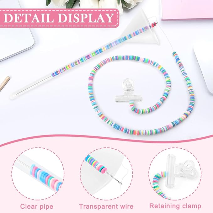 4 Pack Beading Funnel Bracelet Making Kit with 1Roll Crystal Elastic String,Clay Beading Tools Kit for 0.24" Clay Beads,for Jewelry Making with Beading Funnel,Beading Needles,Clip