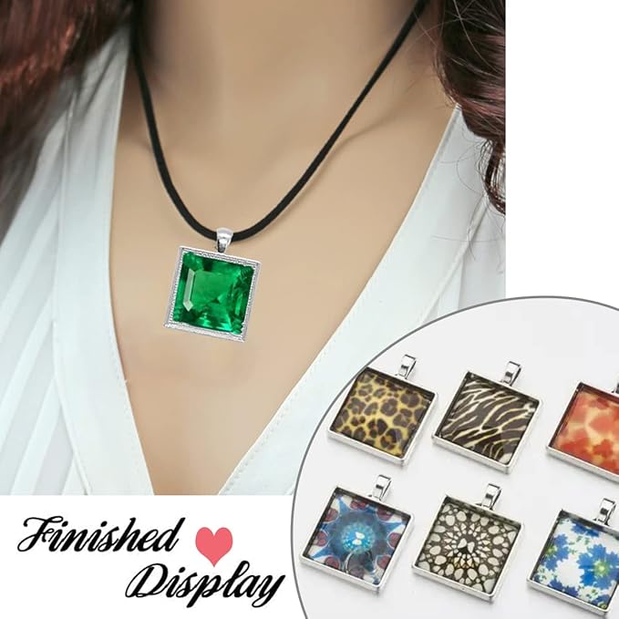 Pendant Trays Kit with Cabochon Glass, Square Pendant Bezel Trays Bracelet Blank Bangles Earrings Hooks Blanks for DIY Photo Cameo Jewelry Making Crafts