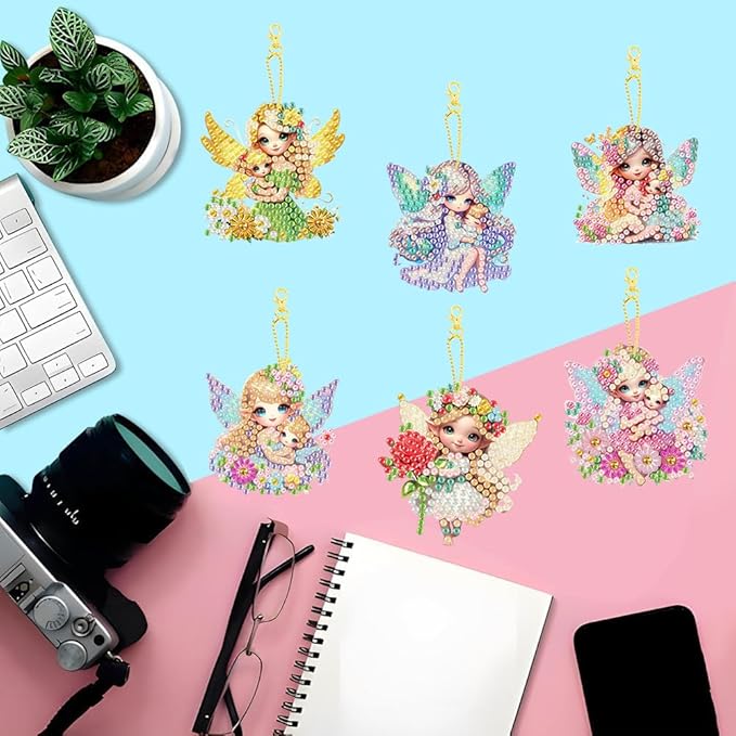 Masendp 8 Pieces 5D DIY Diamond Art Painting Keyring, Angel Fairy Double Sided Diamond Keychain, Mosaic Paste Painting Keychain, Diamond Art Pendant Jewelry Wallet Bag Decoration