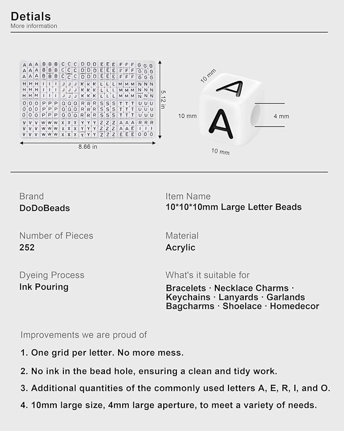 252 Pcs 10x10mm Large Square Letter Beads, White Big Alphabet Beads for Keychains, Jumbo Letter Charms for Bag Charm, Lanyards, Holiday Garlands, Big Bead for Home Decor Craft