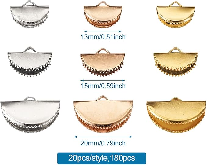 Pandahall 180Pcs Ribbon Crimp Ends 3 Sizes Half Round Bookmark Pinch Crimp Clamp End Findings Cord for Jewelry Making