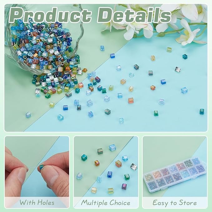 PH PandaHall 1400pcs 3mm Cube Glass Seed Beads Kit 14 Colors Transparent Colours Rainbow Crystal Square Beads Small Bead Cube Mini Bracelet Bead for Bracelets Earring Making Supplies