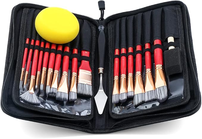 Transon Art Paint Brush Kit 16 Paint Brushes with Foam Brush Sponge Spatula and Brush Case for Oil, Acrylic, Watercolor, Gouache, Painting Pink Color