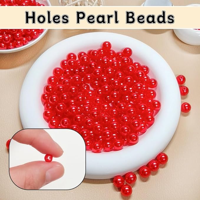 Pearl Beads for Jewelry Making Holes ABS Craft Beads with Holes for Jewelry Making, Bracelet, Necklace Crafting Bulk Bead Kit (6mm, Red/1500 pcs)